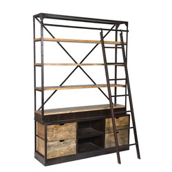 4251549327431 - Bücherregal Natur Antik-Look mit Leiter 150 x 40 x H210 cm - Regalschrank Bücherschrank 4251549327431 - Bücherregal Natur Antik-Look mit Leiter 150 x 40 x H210 cm - Regalschrank Bücherschrank