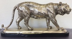 4251549330240 - Bronzefigur Tiger auf Marmorsockel Silber   Schwarz 48 x 14 x H 25 cm - Luxus Deko Figur