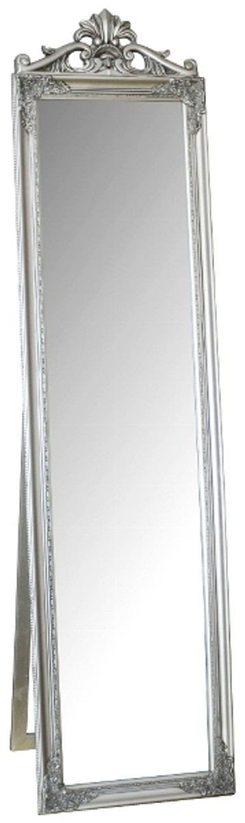 Casa Padrino Baroque Standing Mirror Silver With Beautiful Frame And Ornamental Top H 180 Cm Handmade Casa Padrino Baroque Standing Mirror, Ornamental Full Length Mirror