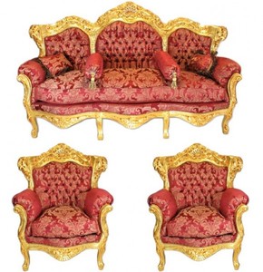4251549338666 - Barock Wohnzimmer Set Bordeaux Muster   Gold - 3er Sofa + 2 Sessel