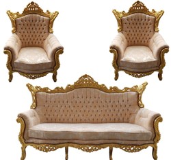 4251549338949 - Barock Wohnzimmer Set Master Creme Muster   Gold mit Bling Bling Glitzersteinen - 3er Sofa + 2 Sessel - Limited Edition!