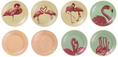 4251549341574 - Deko Porzellan Wandteller 8er Set Flamingos & Federn Mehrfarbig   Gold Ã 27 cm - Luxus Wanddeko