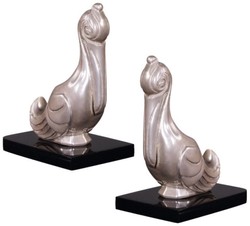 4251549342267 - Luxus BuchstÃ¼tzen Set Pelikane Silber   Schwarz 18 x 12 x H 22 cm - Versilberte Deko Bronzefiguren mit Holzsockel