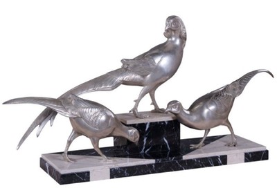 4251549343066 - Luxus Deko Bronzefiguren 3 Fasane Silber   Schwarz   WeiÃ 84 x 20 x H 42 cm - Versilberte Dekofiguren mit Marmorsockel