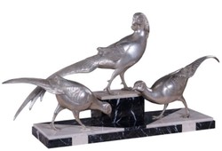 4251549343066 - Luxus Deko Bronzefiguren 3 Fasane Silber   Schwarz   WeiÃ 84 x 20 x H 42 cm - Versilberte Dekofiguren mit Marmorsockel