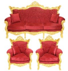 4251549344940 - Barock Wohnzimmer Set Bordeaux Samtstoff   Gold - 3er Sofa + 2 Sessel