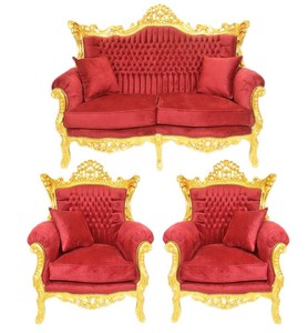 4251549344964 - Barock Wohnzimmer Set Bordeaux Samtstoff   Gold - 2er Sofa + 2 Sessel