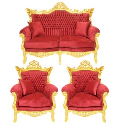 4251549344964 - Barock Wohnzimmer Set Bordeaux Samtstoff   Gold - 2er Sofa + 2 Sessel