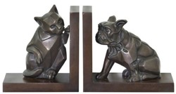 4251549345633 - Luxus BuchstÃ¼tzen Set Katze & Hund Bronze   Braun 18 x 18 x H 10 cm - Deko Bronzefiguren mit Holzsockel