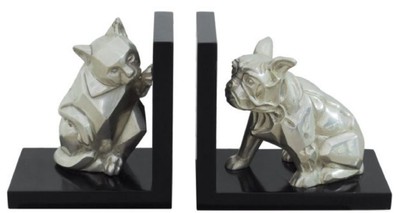 4251549345640 - Luxus BuchstÃ¼tzen Set Katze & Hund Silber   Schwarz 18 x 18 x H 10 cm - Deko Bronzefiguren mit Holzsockel