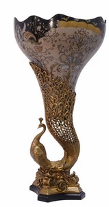 4251549346067 - Jugendstil Vase Pfau Messing   Porzellan 375 x H 72 cm - Barock Rokoko Home Deko