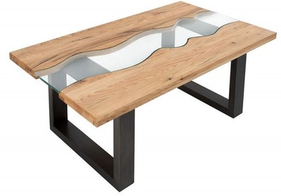 4251549346760 - Designer Massivholz Wildeiche Couchtisch mit Sicherheitsglas Natur 115cm x H 45cm -  Salon Wohnzimmer Tisch