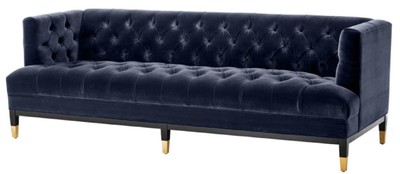 4251549347354 - Luxus Wohnzimmer Sofa Mitternachtsblau   Schwarz   Messingfarben 230 x 85 x H 79 cm - Chesterfield Samtsofa