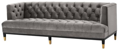 4251549347361 - Luxus Wohnzimmer Sofa Grau   Schwarz   Messingfarben 230 x 85 x H 79 cm - Chesterfield Samtsofa