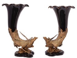 4251549347613 - Jugendstil Blumenvasen Set Fasane Schwarz   Messingfarben 348 x 255 x H 473 cm - Prunkvolle Porzellan Vasen