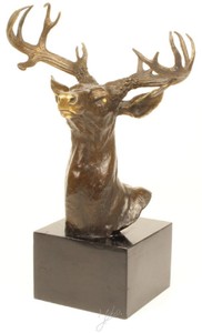 4251549348849 - Luxus Hirschkopf Bronzefigur Bronze   Gold   Grau H 50 cm - Elegante Dekofigur mit Marmorsockel
