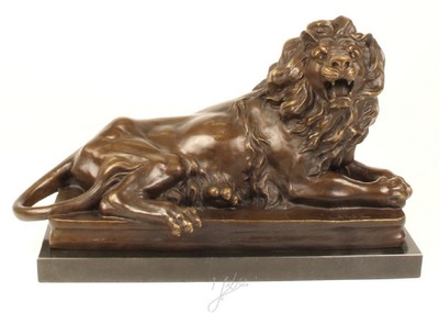 4251549349488 - Luxus Bronzefigur mit Marmorsockel Liegender Nach Rechts Schauender LÃ¶we Bronze   Grau H 38 cm - Luxus QualitÃ¤t