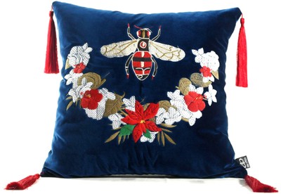4251549353683 - Luxus Deko Kissen mit Troddeln Bee Blau   Mehrfarbig 45 x 45 cm - Feinster Samtstoff - Luxus Deko Accessoires