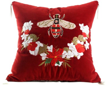 4251549353782 - Luxus Deko Kissen mit Troddeln Bee Rot   Mehrfarbig 45 x 45 cm - Feinster Samtstoff - Luxus Deko Accessoires