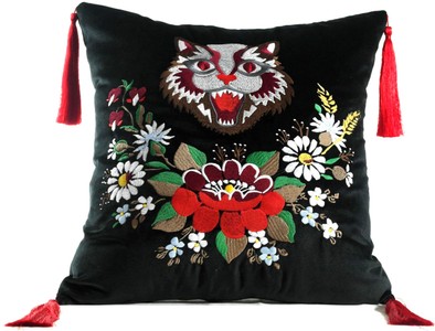 4251549353812 - Luxus Deko Kissen mit Troddeln Cat Schwarz Mehrfarbig 45 x 45 cm - Feinster Samtstoff - Wohnzimmer Kissen 4251549353812 - Luxus Deko Kissen mit Troddeln Cat Schwarz Mehrfarbig 45 x 45 cm - Feinster Samtstoff - Wohnzimmer Kissen