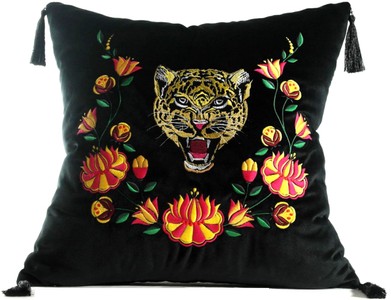 4251549353836 - Luxus Deko Kissen mit Troddeln Tiger Schwarz   Mehrfarbig 45 x 45 cm - Feinster Samtstoff - Luxus QualitÃ¤t