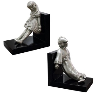 4251549355731 - Luxus BuchstÃ¼tzen Set MÃ¤dchen & Clown Silber   Schwarz 14 x 10 x H 17 cm - Versilberte Deko Bronzefiguren mit Holzsockel