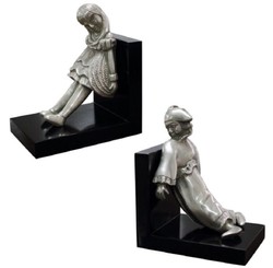 4251549355731 - Luxus BuchstÃ¼tzen Set MÃ¤dchen & Clown Silber   Schwarz 14 x 10 x H 17 cm - Versilberte Deko Bronzefiguren mit Holzsockel