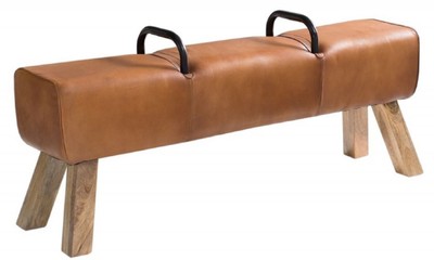 4251549356059 - Luxus Sitzbank Braun   Naturfarben   Schwarz 134 x 35 x H 60 cm - Echtleder Sitzbank in Turnbock Optik