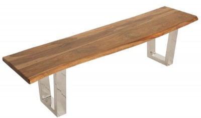 4251549356202 - Designer Sitzbank Braun   Silber 180 x 45 x H 45 cm - Luxus Sitzbank mit massivem Sheesham Holz und polierten Edelstahl Beinen