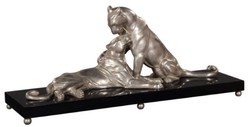 4251549356738 - Luxus Deko Bronzefiguren mit Holzsockel 2 Tiger Silber   Schwarz 83 x 23 x H 34 cm - Luxus QualitÃ¤t