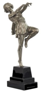 4251549356783 - Luxus Bronzefigur tanzende Dame Silber   Schwarz 22 x 11 x H 51 cm - Dekofigur auf Holzsockel