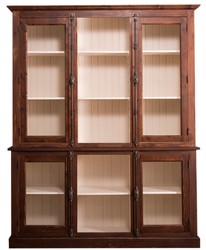 4251549357315 - Landhausstil Wohnzimmerschrank Dunkelbraun   Creme 184 x 48 x H 228 cm - Massivholz Vitrinenschrank mit 4 GlastÃ¼ren