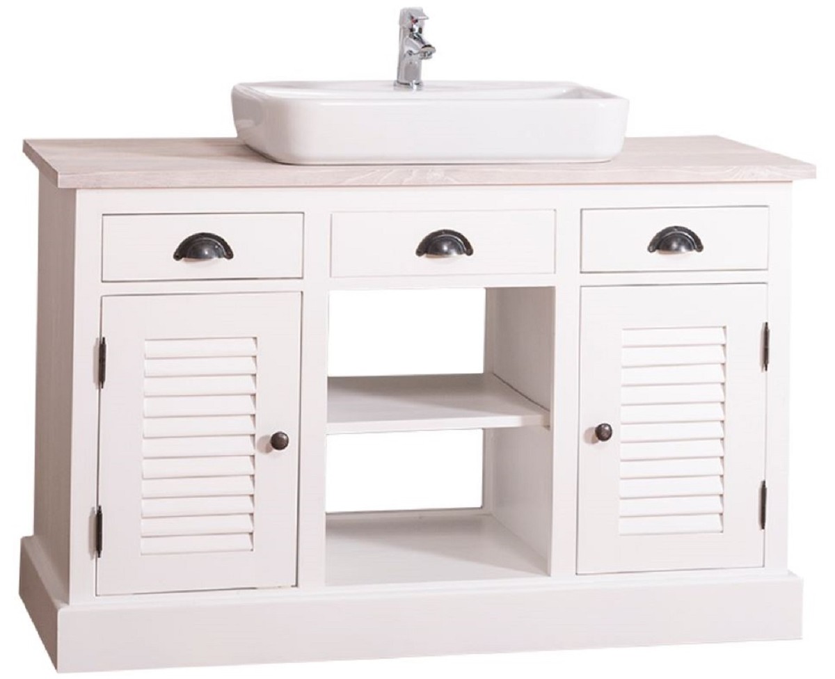 Casa Padrino mueble lavabo estilo campestre blanco / gris claro 120 x 51 x  H. 75 cm - Mueble Bajo Lavabo con 2 Puertas y 3 Cajones