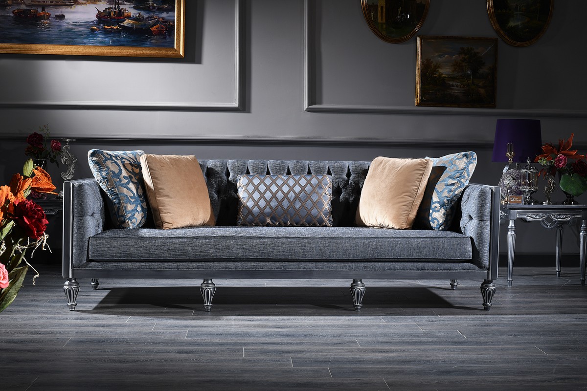 Casa Padrino Sofá Chesterfield Barroco de Lujo Azul / Plata 250 x 92 x H.  85 cm - Muebles de Sala en Estilo Barroco | Casa-Padrino.de