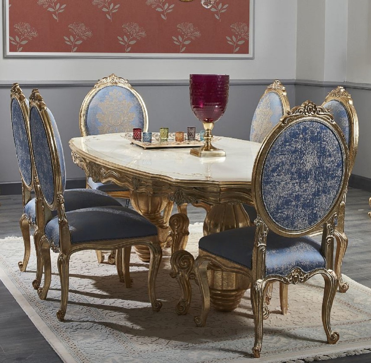 Casa Padrino set di sedie da pranzo barocco di lusso blu / argento 54 x 53  x A. 109 cm - Set di 6 sedie da cucina nobili - Mobili per sala da pranzo  barocco