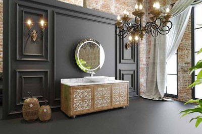 Casa Padrino Conjunto de Ba&ntilde;o de Lujo Natural / Blanco - 1 Mesa de Lavado con 3 Puertas y 1 Lavabo y 1 Espejo de Pared - Muebles de Ba&ntilde;o - Calidad de Lujo – Bild 2