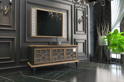 Casa Padrino Conjunto de Ba&ntilde;o de Lujo Natural / Negro - 1 Mesa de Lavado con 3 Puertas y 1 Lavabo y 1 Espejo de Pared - Calidad de Lujo – Bild 2