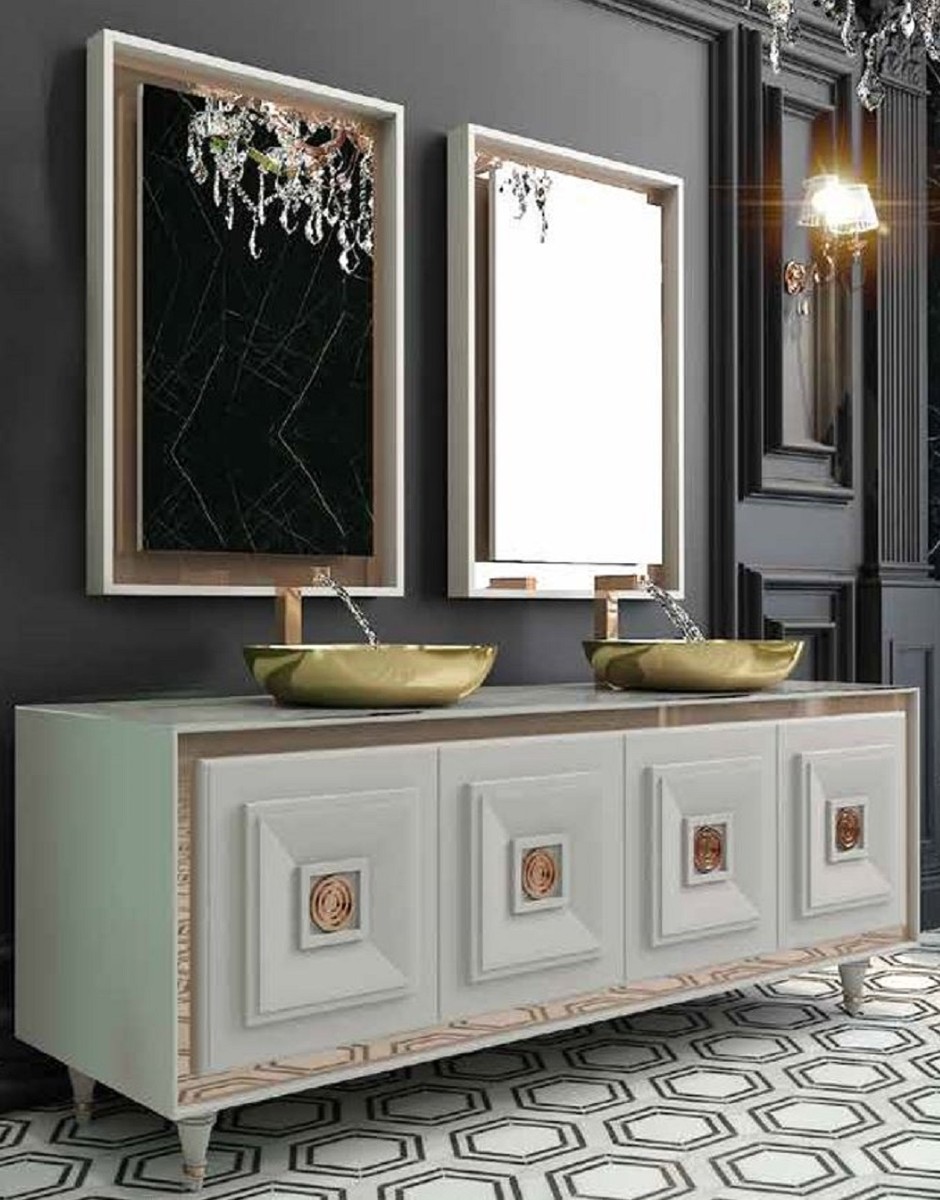 Casa Padrino Luxury Bathroom Set White Bronze Gold 1 Vanity Unit With 4 Doors And 2 Sinks And 2 Wall Mirrors Luxury Bathroom Furniture