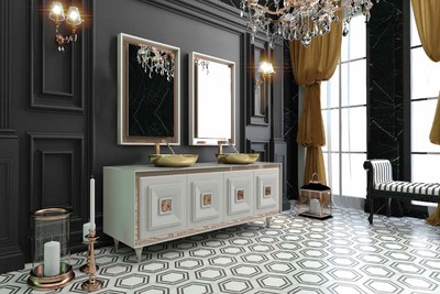 Casa Padrino Conjunto de Ba&ntilde;o de Lujo Blanco / Bronce / Oro - 1 Mesa de Lavado con 4 Puertas y 2 Lavabos y 2 Espejos de Pared - Muebles de Ba&ntilde;o de Lujo – Bild 2