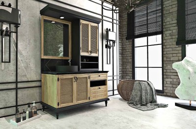 Casa Padrino Conjunto de Ba&ntilde;o de Estilo Campestre de Lujo Natural / Negro - Mesa de Lavado Iluminado con 4 Puertas y 2 Cajones y 1 Lavabo y 1 Espejo de Pared - Muebles de Ba&ntilde;o de Estilo Campestre – Bild 2