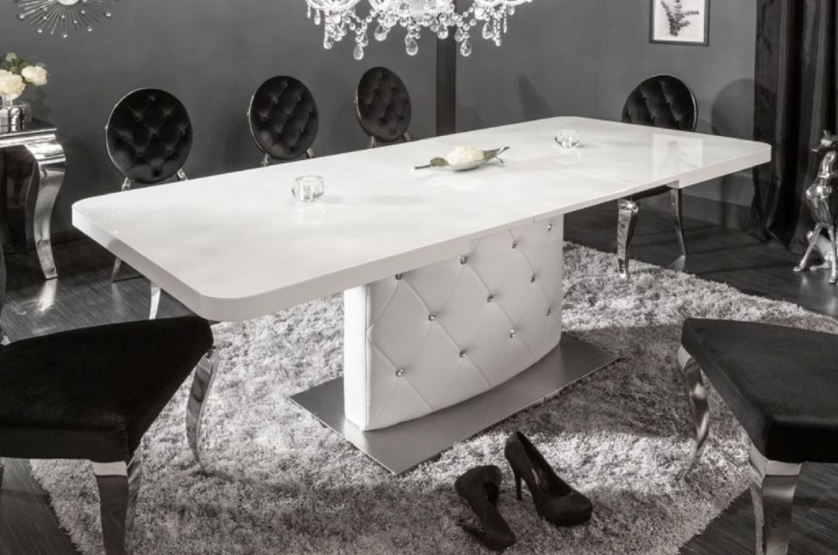 Casa Padrino Tavolo Da Pranzo Bianco Argento 160 200 X 90 X H 76 Cm Tavolo Da Cucina Moderno Allungabile Con Ecopelle E Pietre Strass Mobili