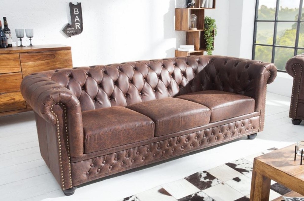 Casa Padrino Chesterfield Sofa Vintage Braun 0 X 85 X H 70 Cm Kunstleder 3er Couch Chesterfield Wohnzimmer Mobel