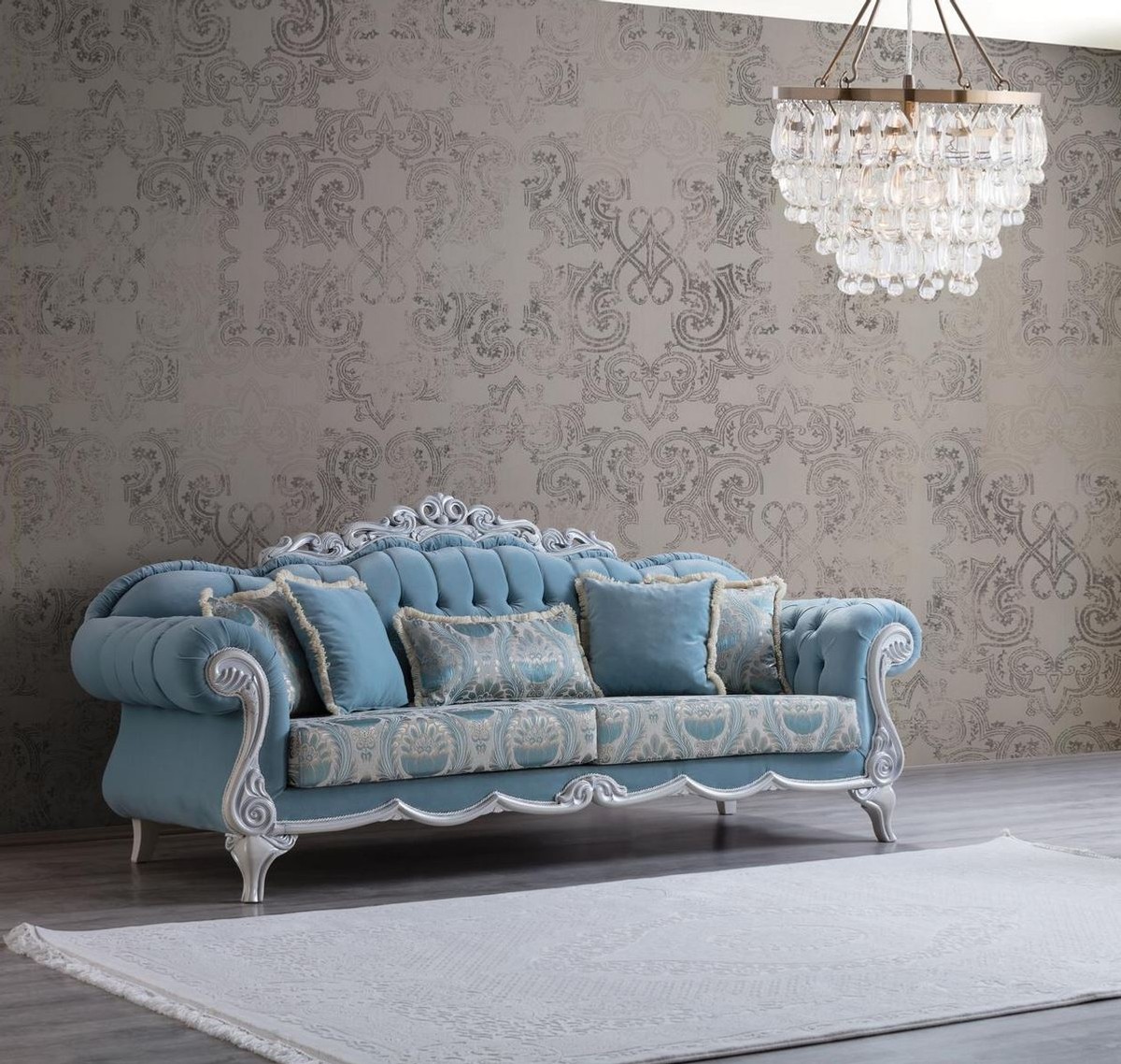 Casa Padrino Luxury Baroque Living Room Sofa With Decorative Pillows Light Blue Gray 237 X 90 X H 105 Cm Baroque Furniture Noble Magnificent