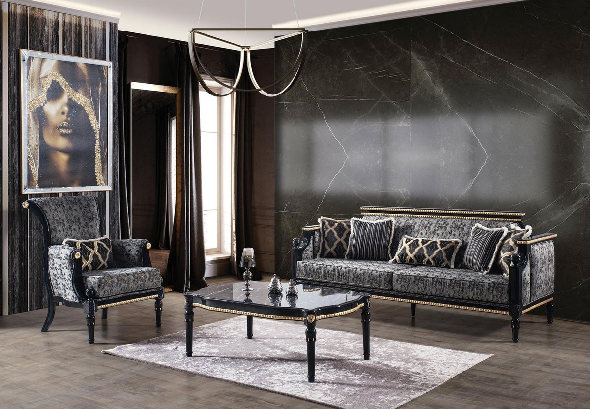 Casa Padrino Luxury Baroque Living Room Set Gray Black Gold 2 Sofas 2 Armchairs 1 Coffee Table With Glass Top In Marble Look Living Room Furniture In Baroque Style Noble Magnificent