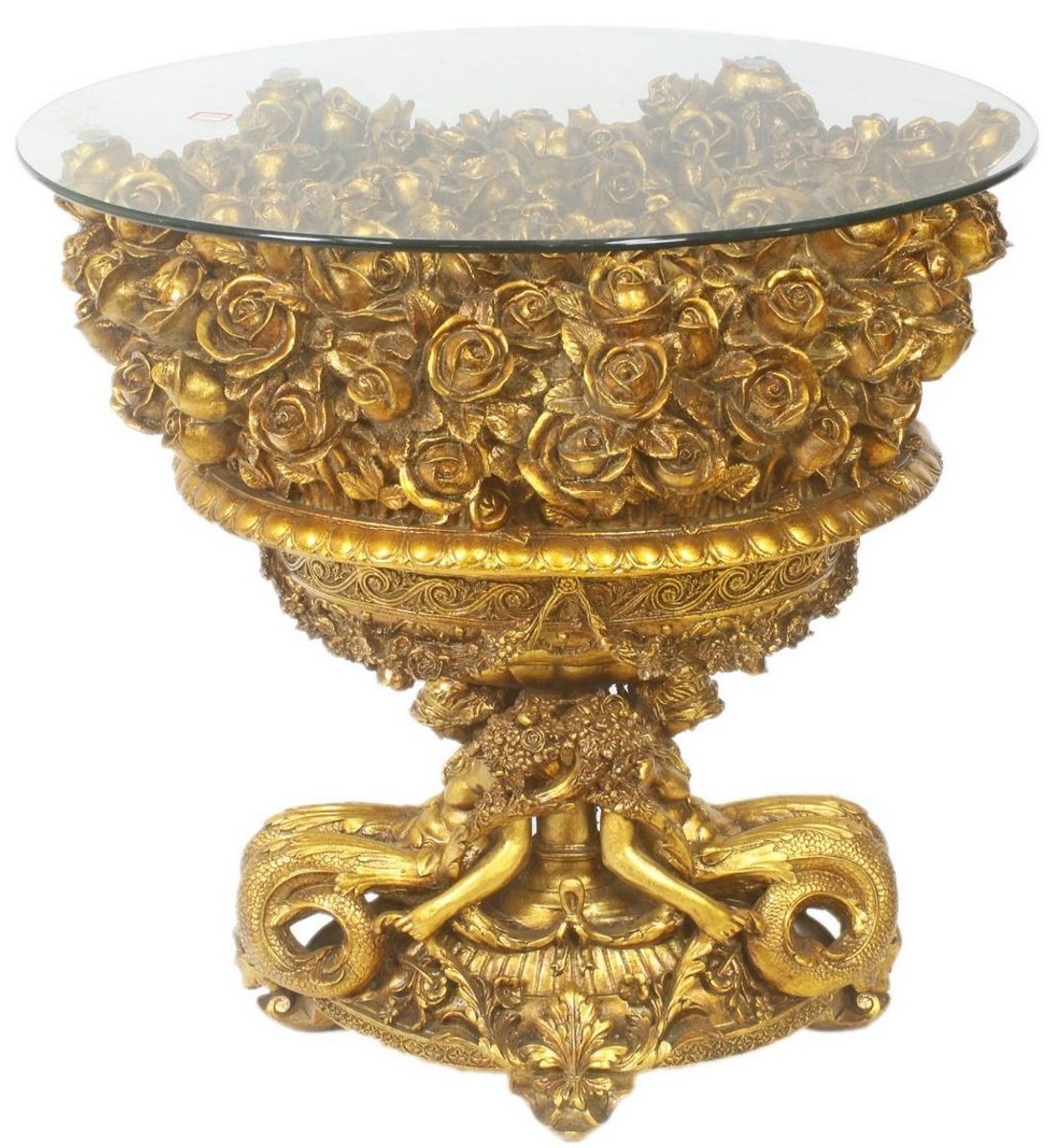 Casa Padrino baroque side table with glass top gold Ø 44 x H. 44 cm - Round  antique style table - Baroque living room furniture
