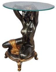 Casa Padrino tavolino Art Nouveau donna in ginocchio nero / oro Ø 45 x A.  63,5 cm - Elegante tavolo con piano rotondo in vetro - Mobili Soggiorno