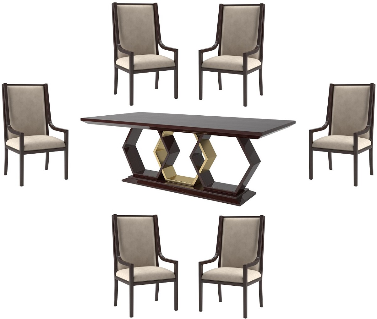 Casa Padrino Luxus Art Deco Esszimmer Set Beige Dunkelbraun Hochglanz Gold 1 Esszimmertisch 6 Esszimmerstuhle Art Deco Esszimmer Mobel Luxus Qualitat Esszimmer Sets