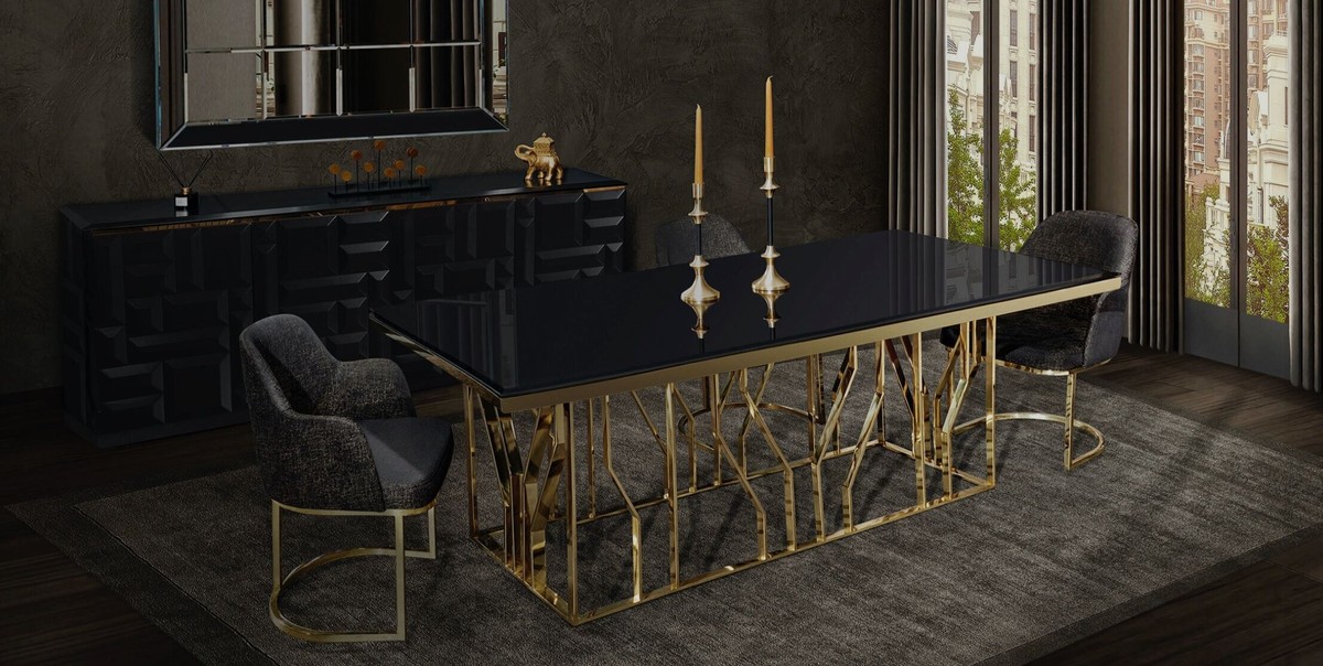 Casa Padrino Luxury Dining Table Gold Black 200 X 100 X H 77 Cm Rectangular Stainless Steel Kitchen Table With Glass Top Luxury Dining Room Furniture