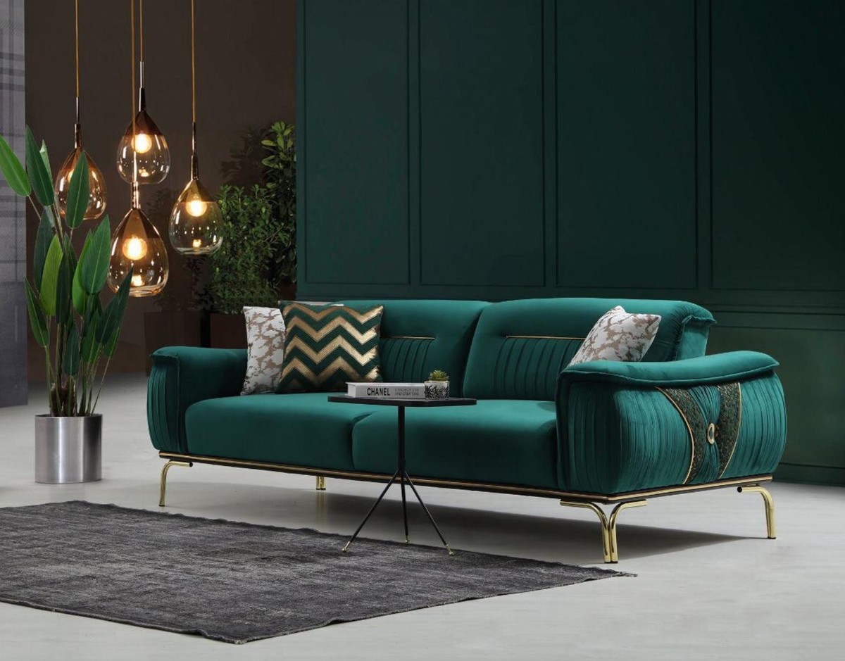 Casa Padrino divano da soggiorno di lusso con schienale regolabile verde /  oro 223 x 93 x A. 78 cm - Mobili per soggiorno di lusso