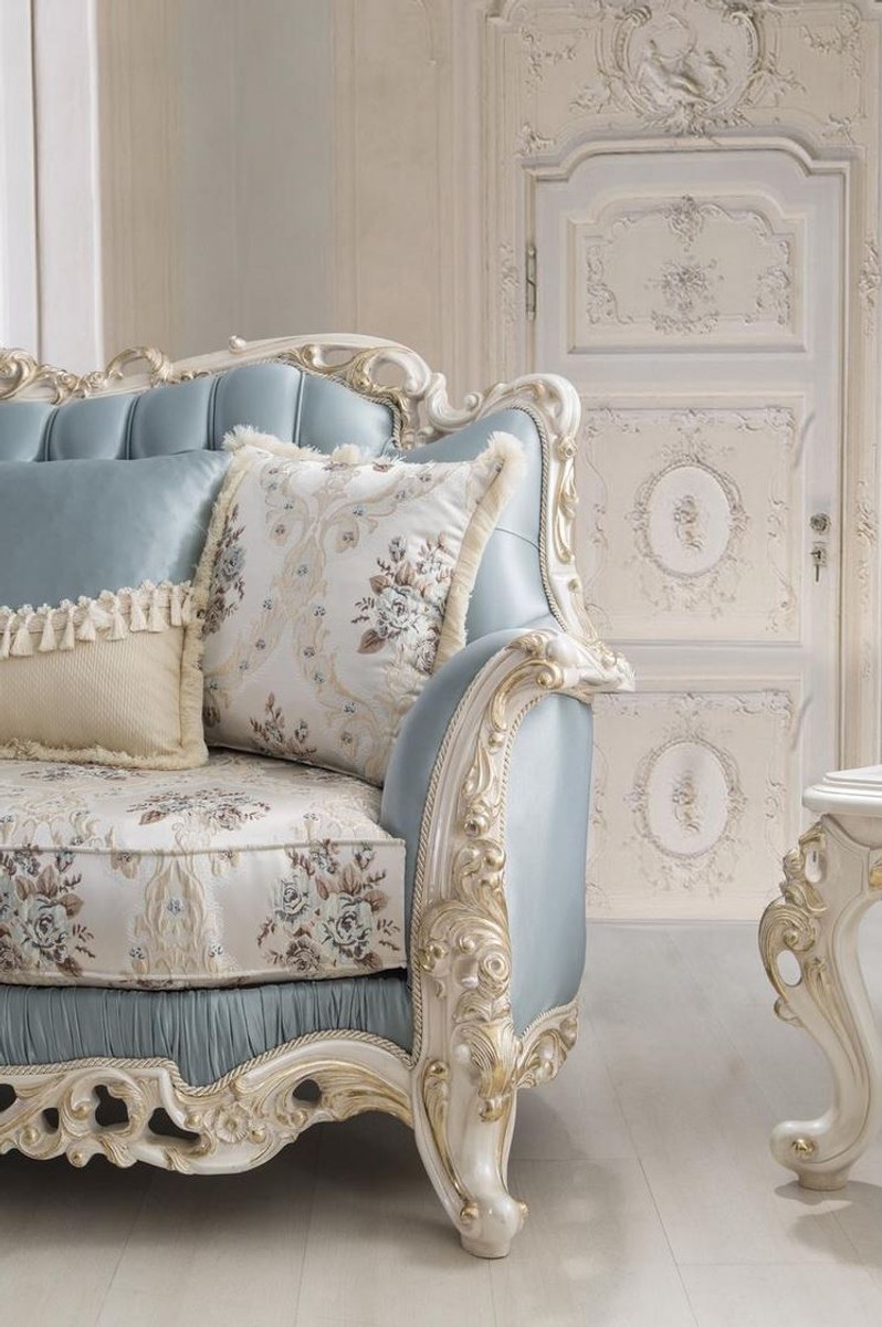 Casa Padrino divano da soggiorno barocco di lusso con cuscini decorativi  azzurro / crema / bianco / oro 240 x 90 x A. 120 cm - Nobile mobile da  soggiorno barocco